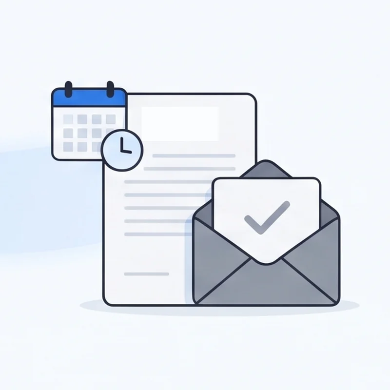 A claim form with a calendar and a clock, and an envelope with a check mark
