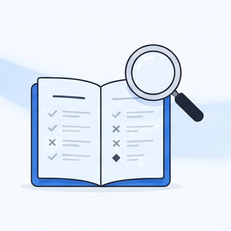 An open policy booklet with check marks and crosses under a magnifying glass